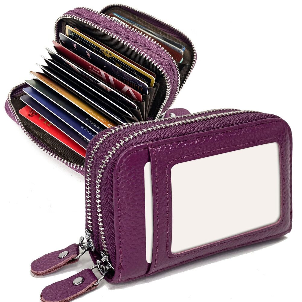 1653 RFID Credit Card Holder, Small Leather Zipper Card Case Wallet and ID